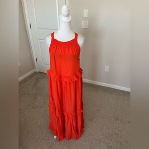 NWT Loveimgs Orangey Red Tiered Halter Midi Dress Size Small